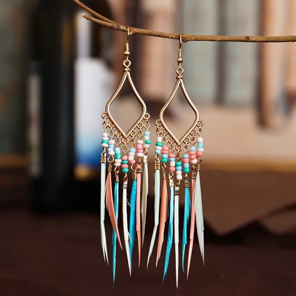 Jewelry - Bohemian Feather Beaded Dangle Boho Earrings